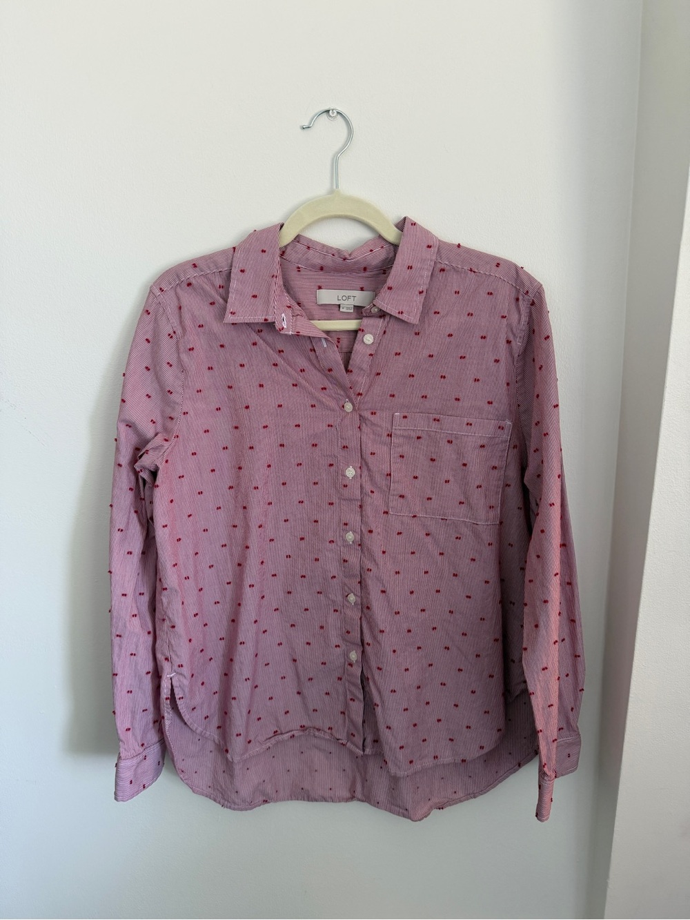 LOFT Pink Button-Down Shirt with Red Dot Pattern